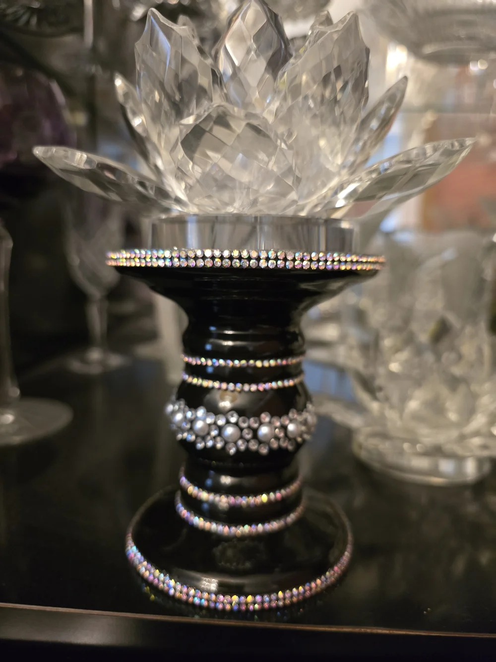 Black Jeweled Decorative Candle Holder New 4x3.5 In Candle Not Included Handmade